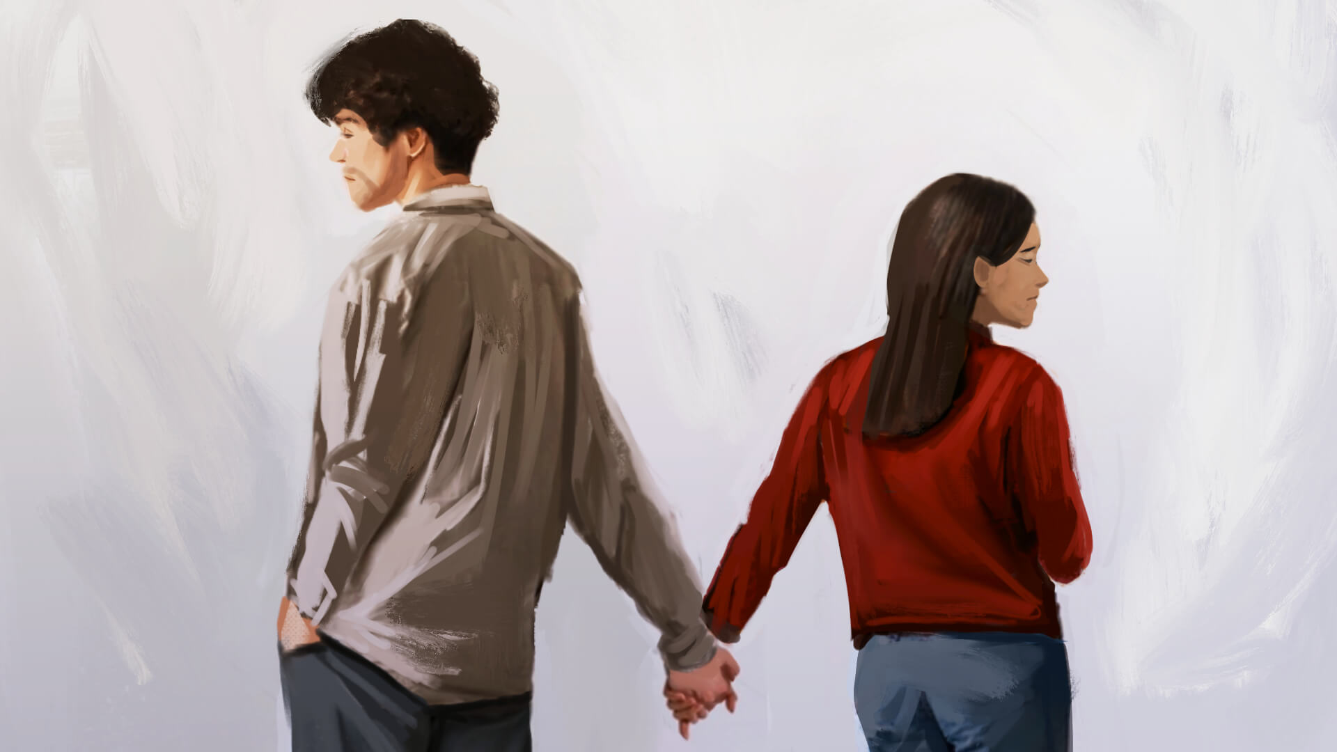 Paartherapie: Mann und Frau halten Händchen sind aber voneinander abgewandt.