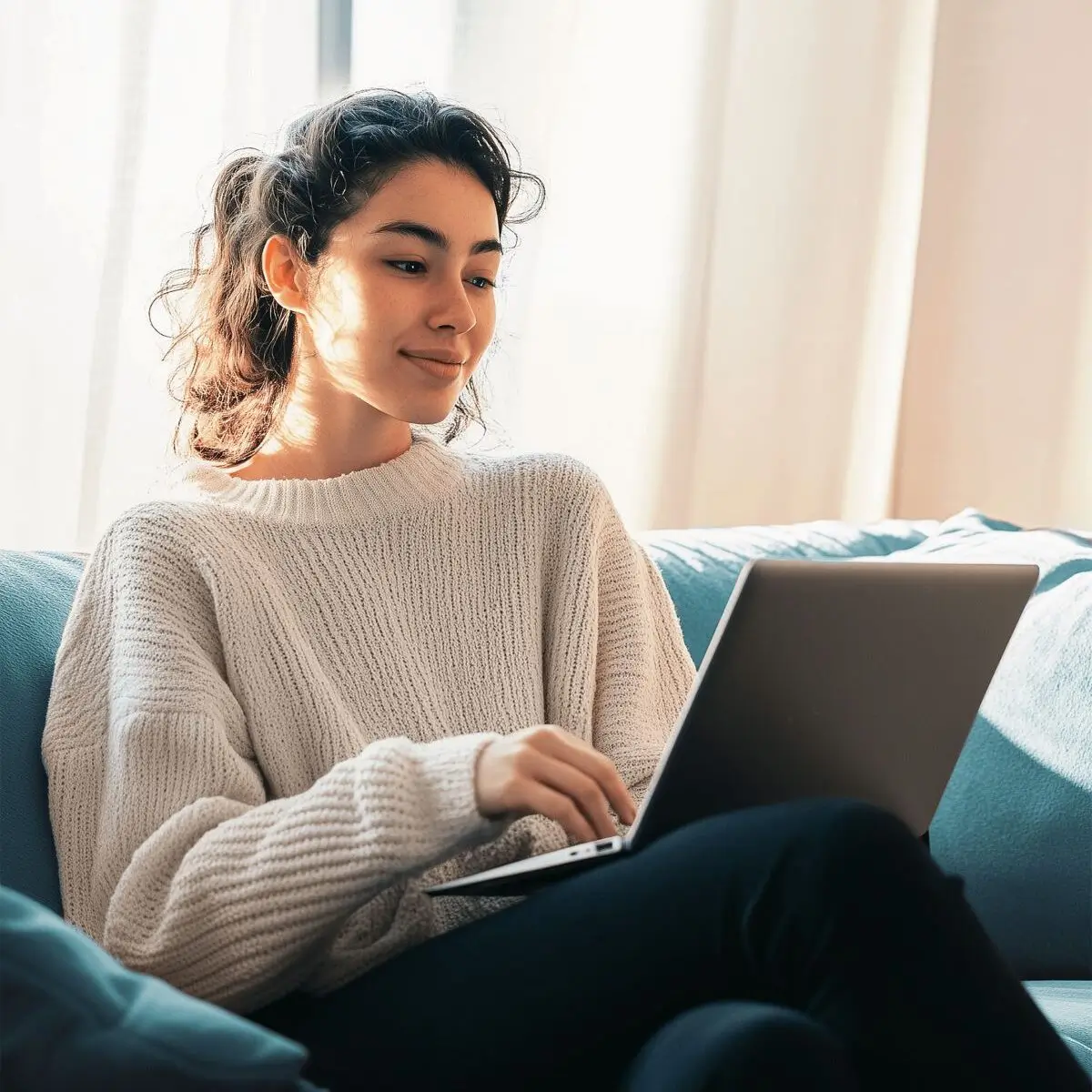 Person sitzt auf dem Sofa und bucht am Laptop ein kostenloses Infogespräch.